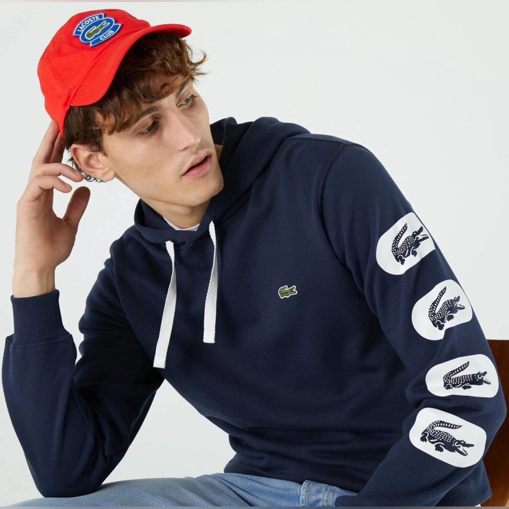 LAST ONE‼️ LACOSTE MENS HOODED PRINT SLEEVE FLEECE SWEATSHIRT - Picture 5 of 6